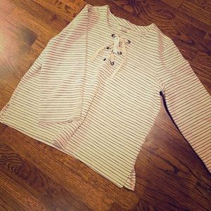 Madewell Top Black Beige Striped Lace Up